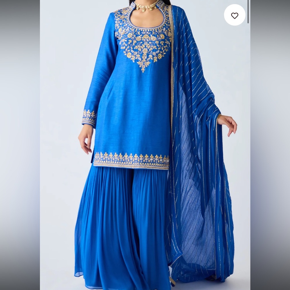 BLUE SILK EMBROIDERED SHARARA SET - never worn - XL